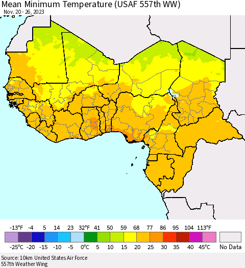 Western Africa Mean Minimum Temperature (USAF 557th WW) Thematic Map For 11/20/2023 - 11/26/2023