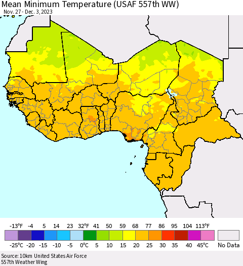 Western Africa Mean Minimum Temperature (USAF 557th WW) Thematic Map For 11/27/2023 - 12/3/2023