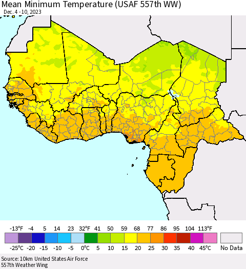 Western Africa Mean Minimum Temperature (USAF 557th WW) Thematic Map For 12/4/2023 - 12/10/2023