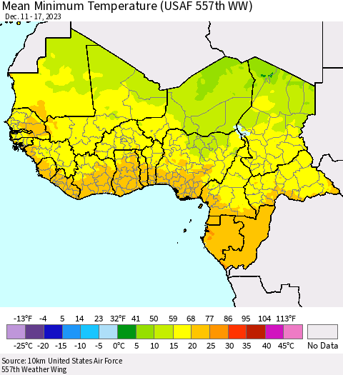 Western Africa Mean Minimum Temperature (USAF 557th WW) Thematic Map For 12/11/2023 - 12/17/2023