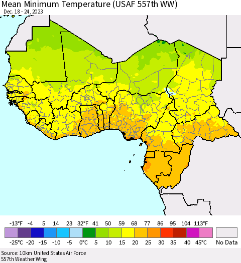Western Africa Mean Minimum Temperature (USAF 557th WW) Thematic Map For 12/18/2023 - 12/24/2023