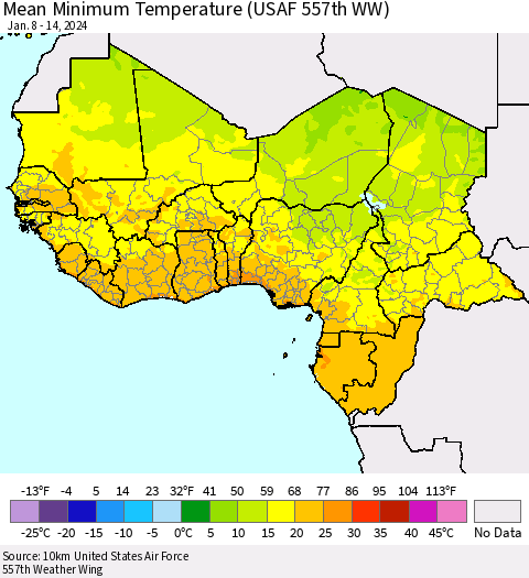 Western Africa Mean Minimum Temperature (USAF 557th WW) Thematic Map For 1/8/2024 - 1/14/2024