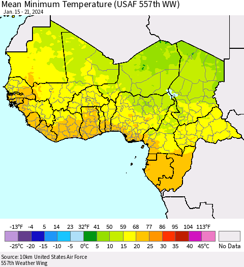 Western Africa Mean Minimum Temperature (USAF 557th WW) Thematic Map For 1/15/2024 - 1/21/2024