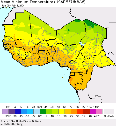 Western Africa Mean Minimum Temperature (USAF 557th WW) Thematic Map For 1/29/2024 - 2/4/2024
