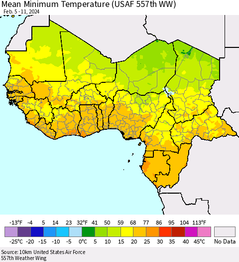Western Africa Mean Minimum Temperature (USAF 557th WW) Thematic Map For 2/5/2024 - 2/11/2024