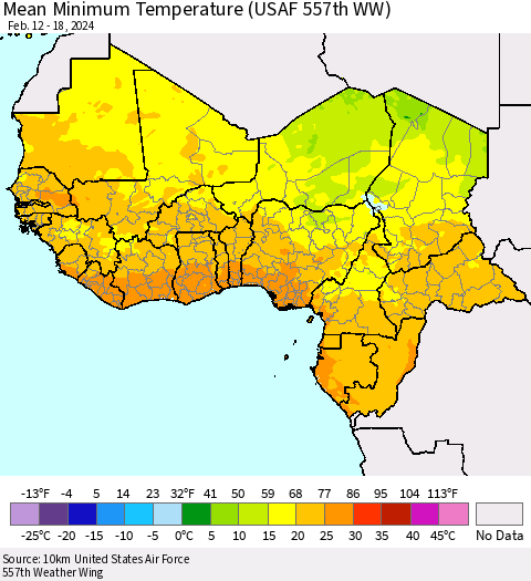 Western Africa Mean Minimum Temperature (USAF 557th WW) Thematic Map For 2/12/2024 - 2/18/2024