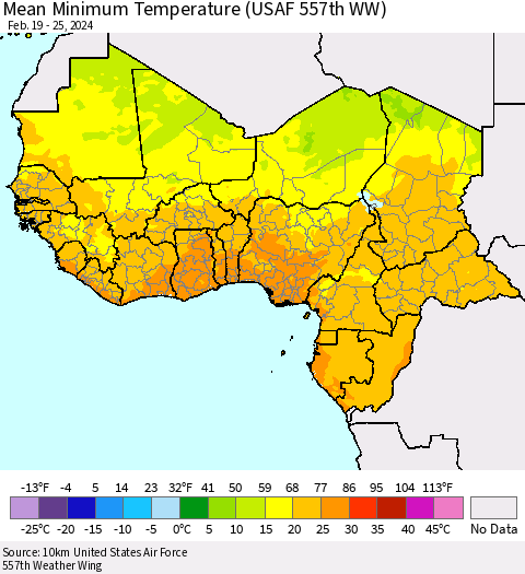 Western Africa Mean Minimum Temperature (USAF 557th WW) Thematic Map For 2/19/2024 - 2/25/2024