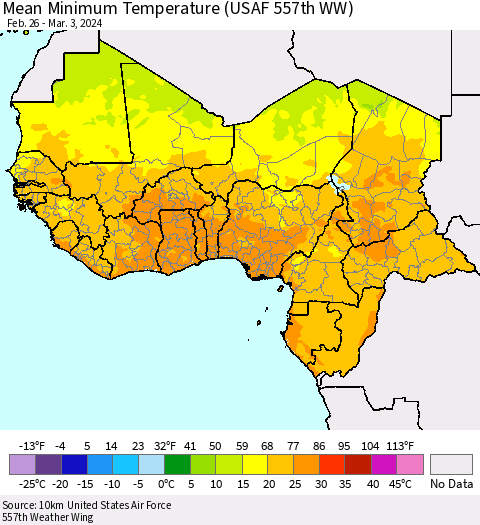 Western Africa Mean Minimum Temperature (USAF 557th WW) Thematic Map For 2/26/2024 - 3/3/2024