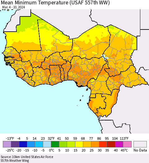 Western Africa Mean Minimum Temperature (USAF 557th WW) Thematic Map For 3/4/2024 - 3/10/2024