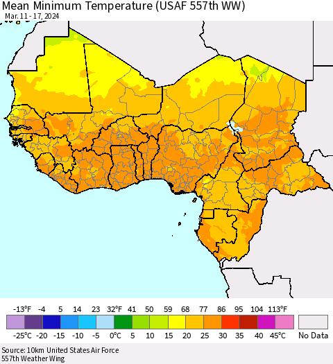 Western Africa Mean Minimum Temperature (USAF 557th WW) Thematic Map For 3/11/2024 - 3/17/2024