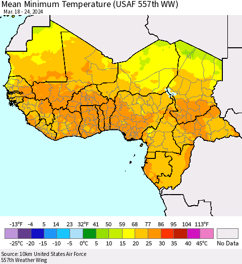 Western Africa Mean Minimum Temperature (USAF 557th WW) Thematic Map For 3/18/2024 - 3/24/2024