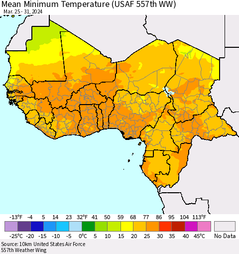 Western Africa Mean Minimum Temperature (USAF 557th WW) Thematic Map For 3/25/2024 - 3/31/2024