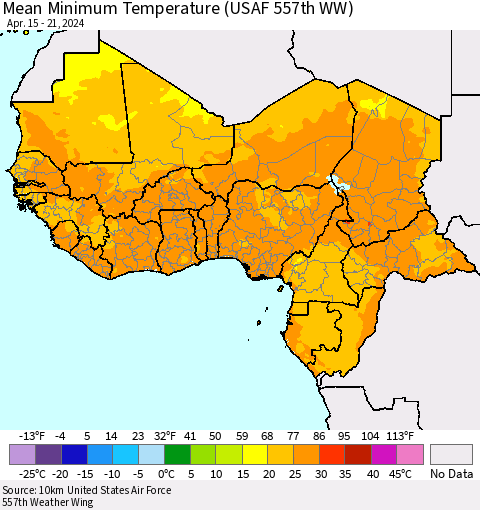 Western Africa Mean Minimum Temperature (USAF 557th WW) Thematic Map For 4/15/2024 - 4/21/2024