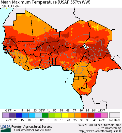 Western Africa Mean Maximum Temperature (USAF 557th WW) Thematic Map For 11/8/2021 - 11/14/2021