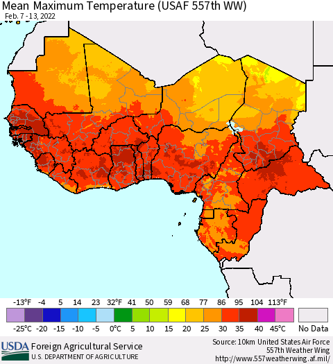 Western Africa Mean Maximum Temperature (USAF 557th WW) Thematic Map For 2/7/2022 - 2/13/2022