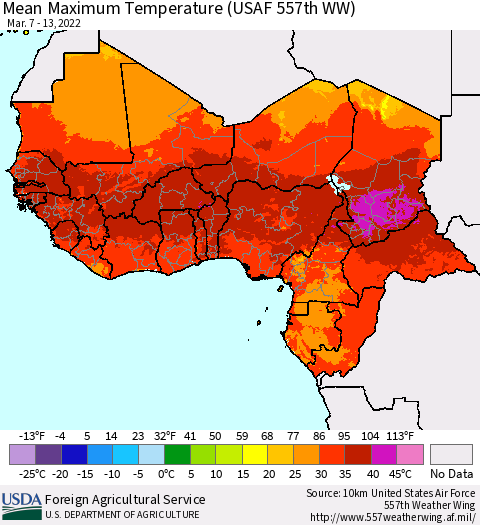Western Africa Mean Maximum Temperature (USAF 557th WW) Thematic Map For 3/7/2022 - 3/13/2022