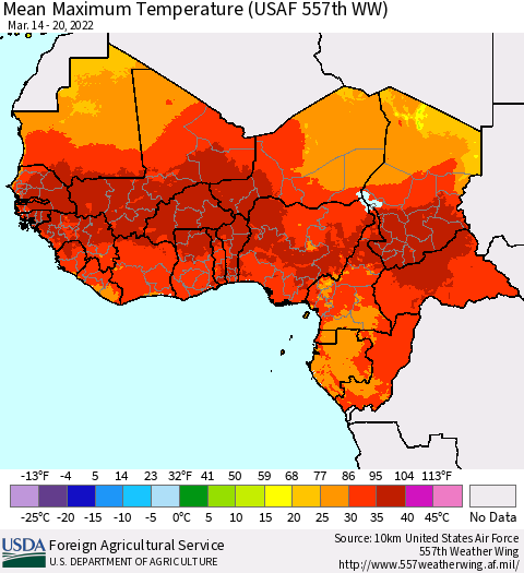 Western Africa Mean Maximum Temperature (USAF 557th WW) Thematic Map For 3/14/2022 - 3/20/2022