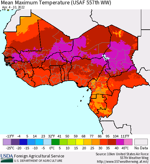 Western Africa Mean Maximum Temperature (USAF 557th WW) Thematic Map For 4/4/2022 - 4/10/2022