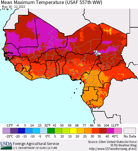 Western Africa Mean Maximum Temperature (USAF 557th WW) Thematic Map For 5/16/2022 - 5/22/2022