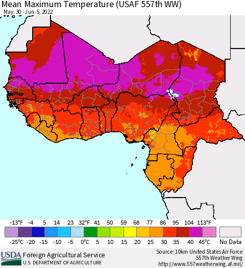 Western Africa Mean Maximum Temperature (USAF 557th WW) Thematic Map For 5/30/2022 - 6/5/2022
