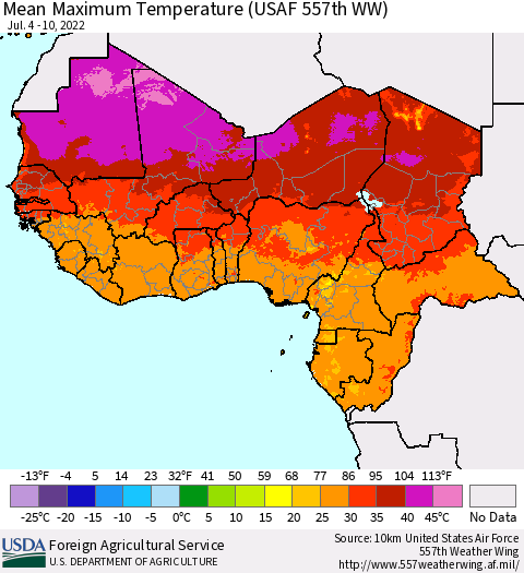 Western Africa Mean Maximum Temperature (USAF 557th WW) Thematic Map For 7/4/2022 - 7/10/2022