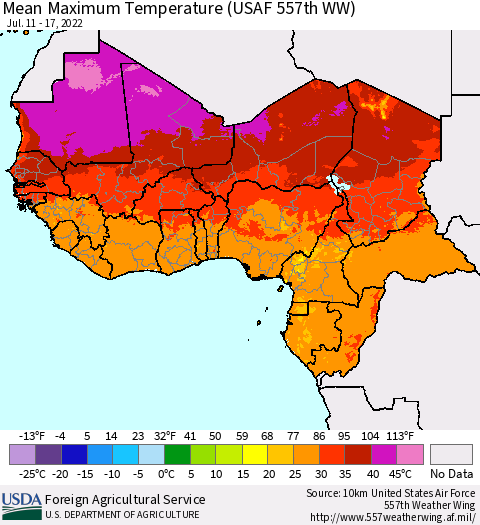 Western Africa Mean Maximum Temperature (USAF 557th WW) Thematic Map For 7/11/2022 - 7/17/2022