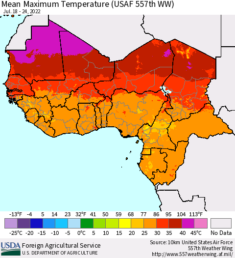 Western Africa Mean Maximum Temperature (USAF 557th WW) Thematic Map For 7/18/2022 - 7/24/2022