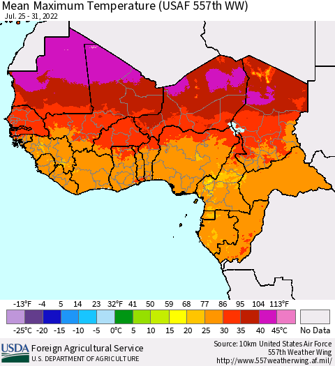 Western Africa Mean Maximum Temperature (USAF 557th WW) Thematic Map For 7/25/2022 - 7/31/2022