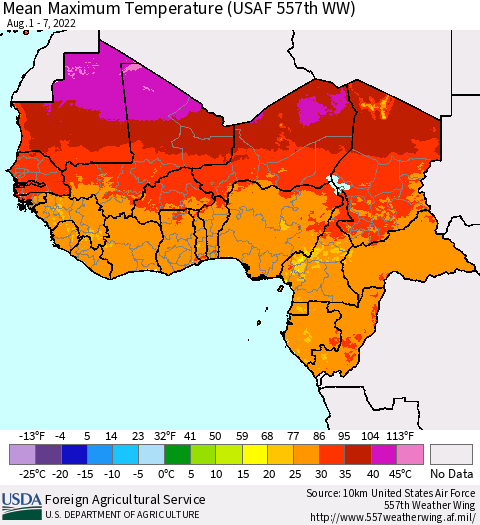 Western Africa Mean Maximum Temperature (USAF 557th WW) Thematic Map For 8/1/2022 - 8/7/2022
