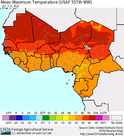 Western Africa Mean Maximum Temperature (USAF 557th WW) Thematic Map For 10/3/2022 - 10/9/2022