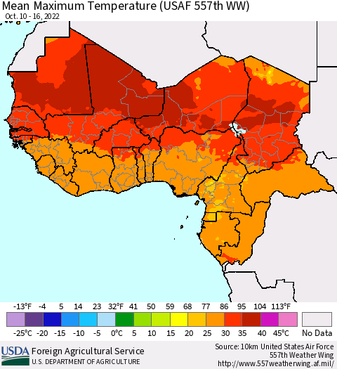 Western Africa Mean Maximum Temperature (USAF 557th WW) Thematic Map For 10/10/2022 - 10/16/2022
