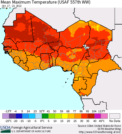 Western Africa Mean Maximum Temperature (USAF 557th WW) Thematic Map For 10/17/2022 - 10/23/2022