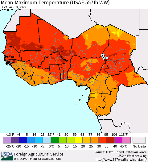 Western Africa Mean Maximum Temperature (USAF 557th WW) Thematic Map For 10/24/2022 - 10/30/2022