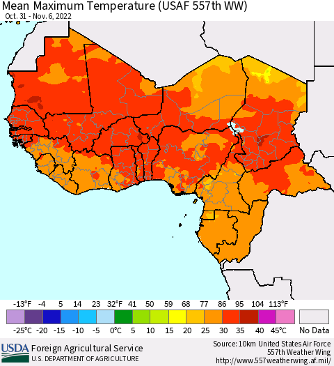 Western Africa Mean Maximum Temperature (USAF 557th WW) Thematic Map For 10/31/2022 - 11/6/2022