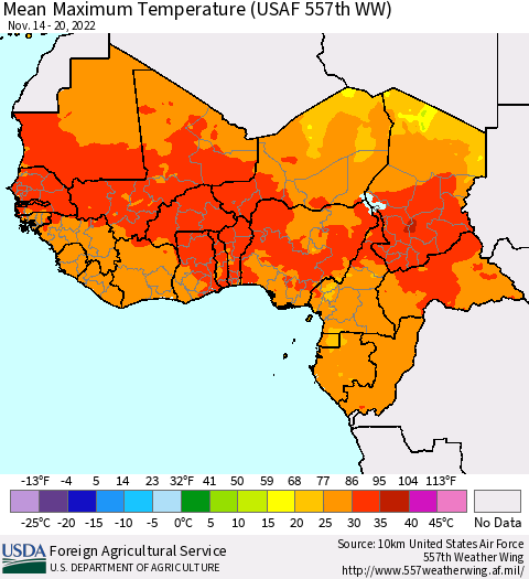 Western Africa Mean Maximum Temperature (USAF 557th WW) Thematic Map For 11/14/2022 - 11/20/2022