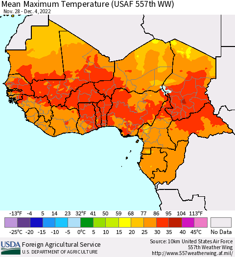 Western Africa Mean Maximum Temperature (USAF 557th WW) Thematic Map For 11/28/2022 - 12/4/2022