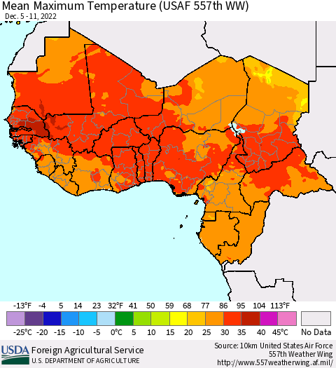Western Africa Mean Maximum Temperature (USAF 557th WW) Thematic Map For 12/5/2022 - 12/11/2022