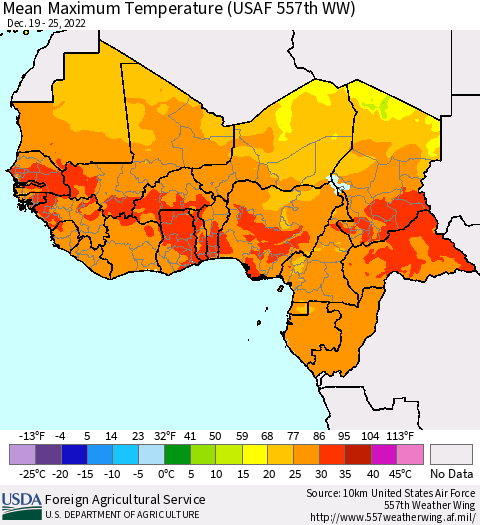 Western Africa Mean Maximum Temperature (USAF 557th WW) Thematic Map For 12/19/2022 - 12/25/2022