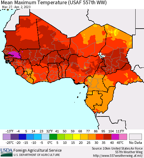Western Africa Mean Maximum Temperature (USAF 557th WW) Thematic Map For 3/27/2023 - 4/2/2023