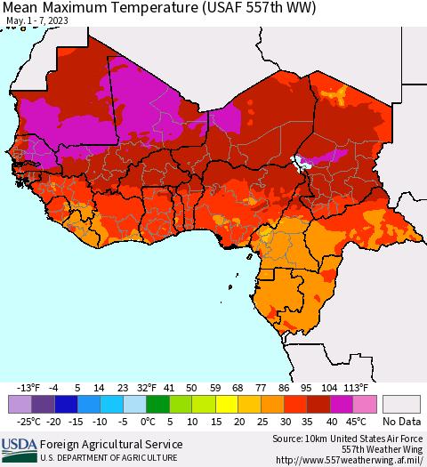 Western Africa Mean Maximum Temperature (USAF 557th WW) Thematic Map For 5/1/2023 - 5/7/2023