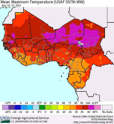 Western Africa Mean Maximum Temperature (USAF 557th WW) Thematic Map For 5/15/2023 - 5/21/2023