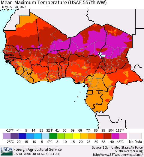 Western Africa Mean Maximum Temperature (USAF 557th WW) Thematic Map For 5/22/2023 - 5/28/2023