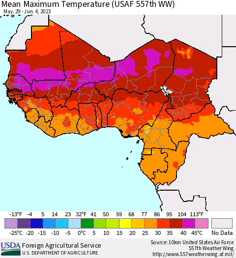 Western Africa Mean Maximum Temperature (USAF 557th WW) Thematic Map For 5/29/2023 - 6/4/2023