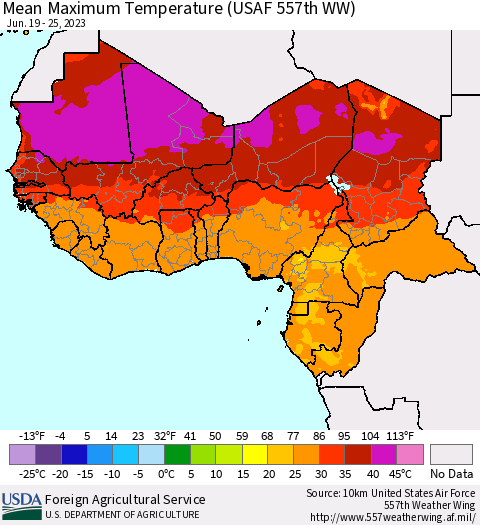 Western Africa Mean Maximum Temperature (USAF 557th WW) Thematic Map For 6/19/2023 - 6/25/2023