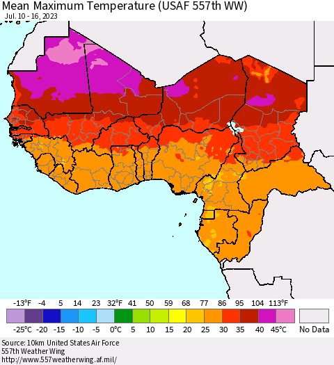 Western Africa Mean Maximum Temperature (USAF 557th WW) Thematic Map For 7/10/2023 - 7/16/2023