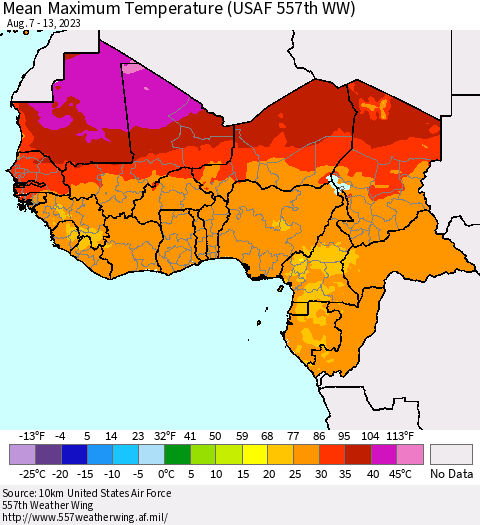 Western Africa Mean Maximum Temperature (USAF 557th WW) Thematic Map For 8/7/2023 - 8/13/2023
