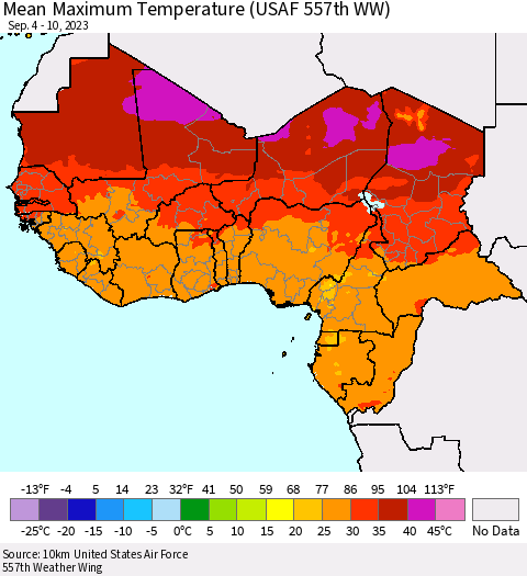 Western Africa Mean Maximum Temperature (USAF 557th WW) Thematic Map For 9/4/2023 - 9/10/2023
