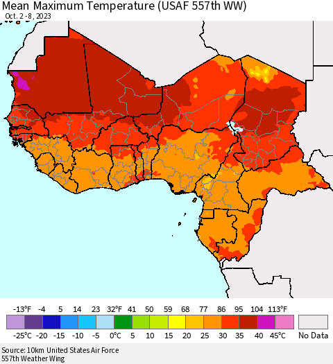 Western Africa Mean Maximum Temperature (USAF 557th WW) Thematic Map For 10/2/2023 - 10/8/2023