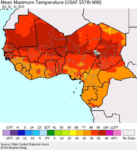 Western Africa Mean Maximum Temperature (USAF 557th WW) Thematic Map For 10/16/2023 - 10/22/2023