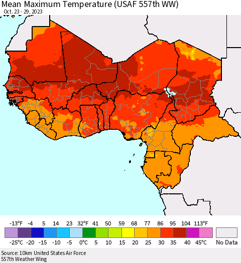 Western Africa Mean Maximum Temperature (USAF 557th WW) Thematic Map For 10/23/2023 - 10/29/2023